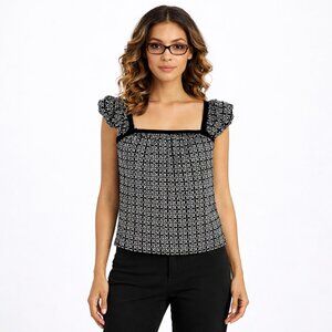 Black/White Clover Print Flutter Sleeve Bubble Hem Top Twee School Work Party